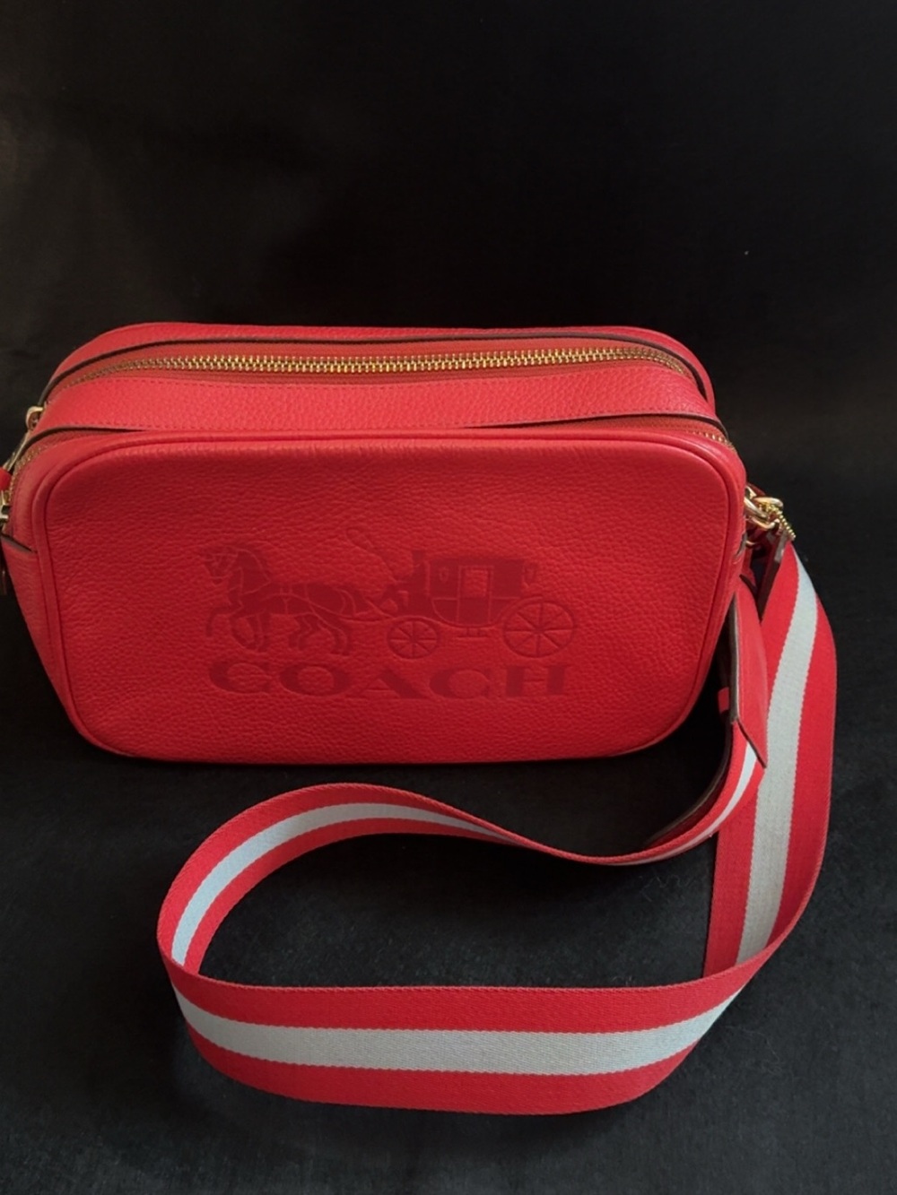 Coach Jes Red Pebbled Leather Double Zip Camera Crossbody Bag